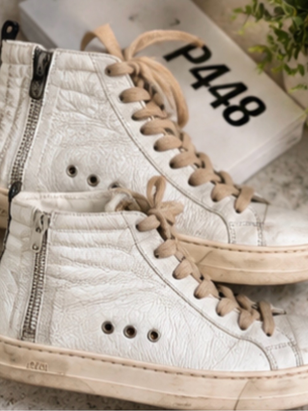 P448 Skate White Leather High Top Sneakers Tan Laces Size 37